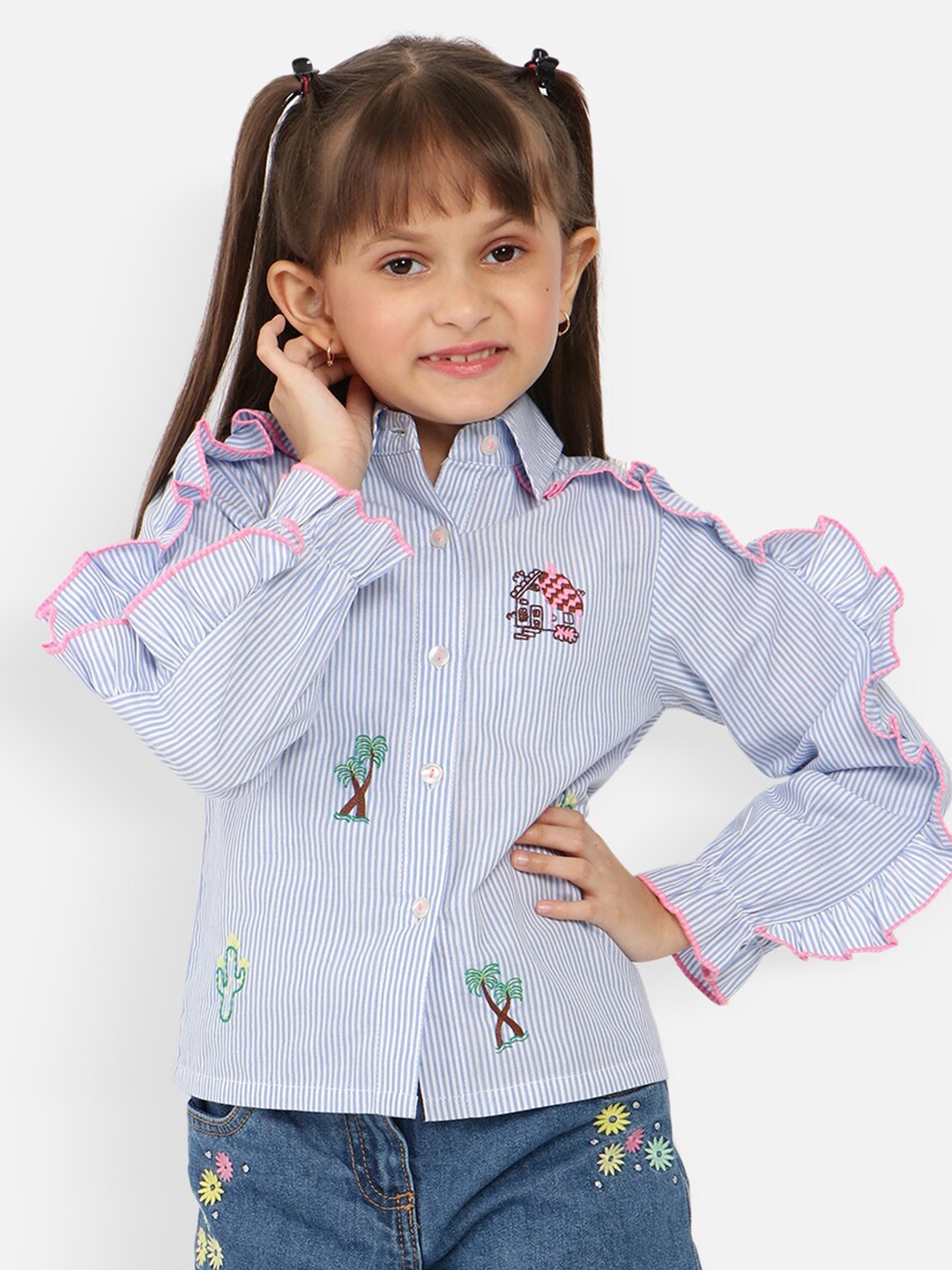 

Nauti Nati Girls Standard Floral Opaque Striped Casual Shirt, Blue