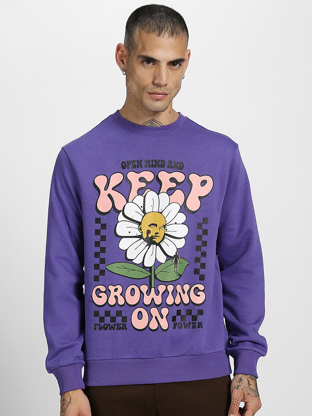 

VEIRDO Graphic Printed Ribbed Fleece Pullover Sweatshirt, Purple