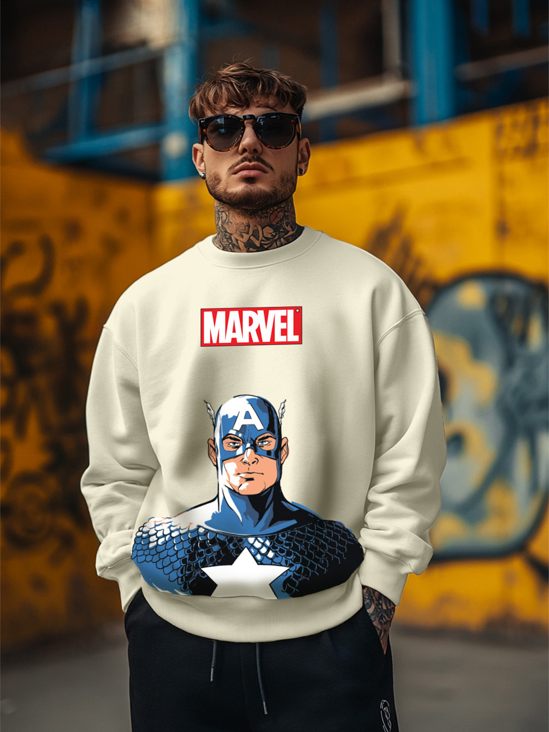 

VEIRDO Marvel Beige Captain America Graphic Printed Hooded Fleece Pullover Sweatshirt