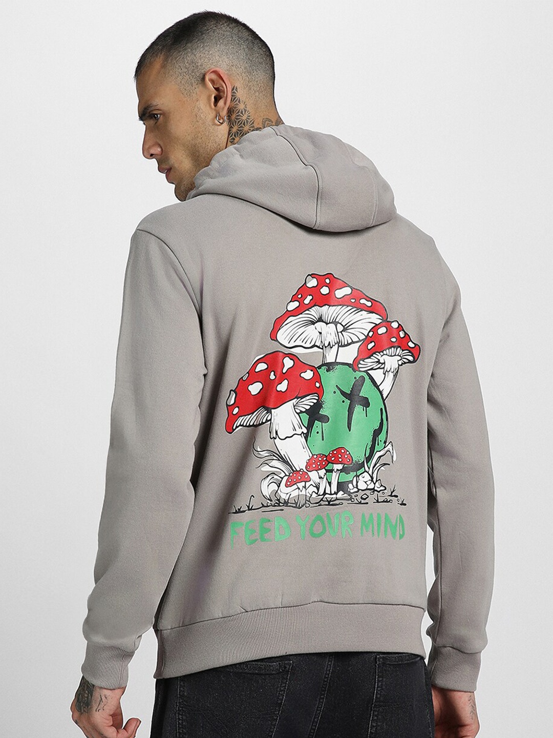 

VEIRDO Grey Graphic Printed Hooded Fleece Pullover Sweatshirt