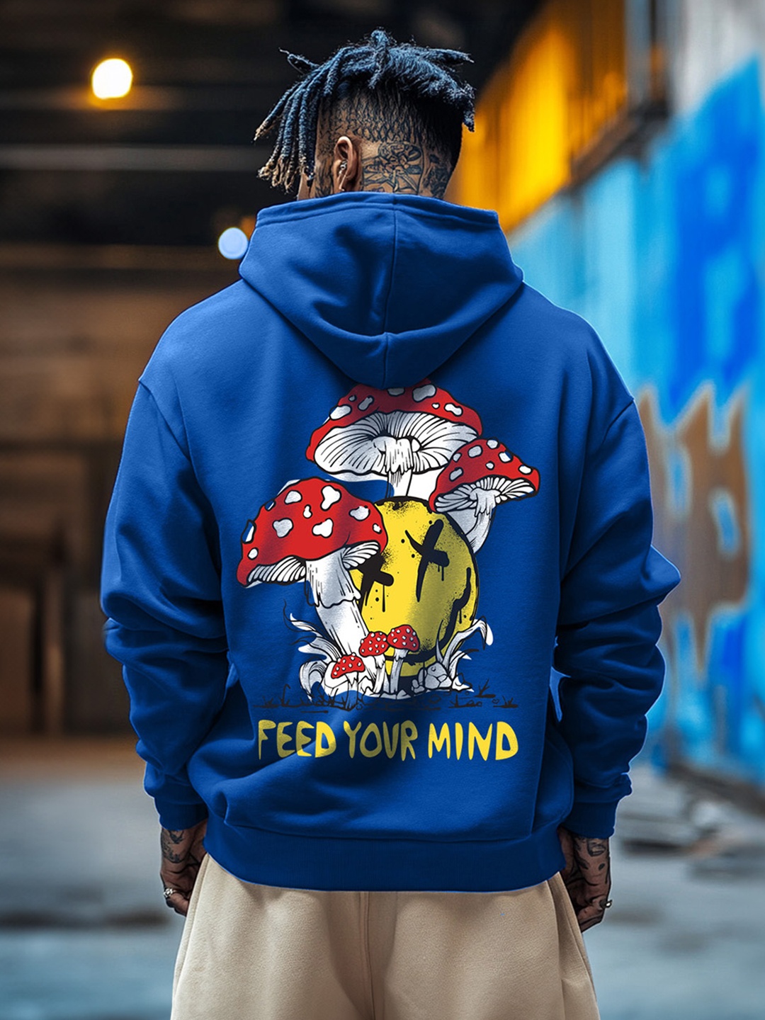 

VEIRDO Blue Graphic Printed Long Sleeves Fleece Hooded Pullover Sweatshirt