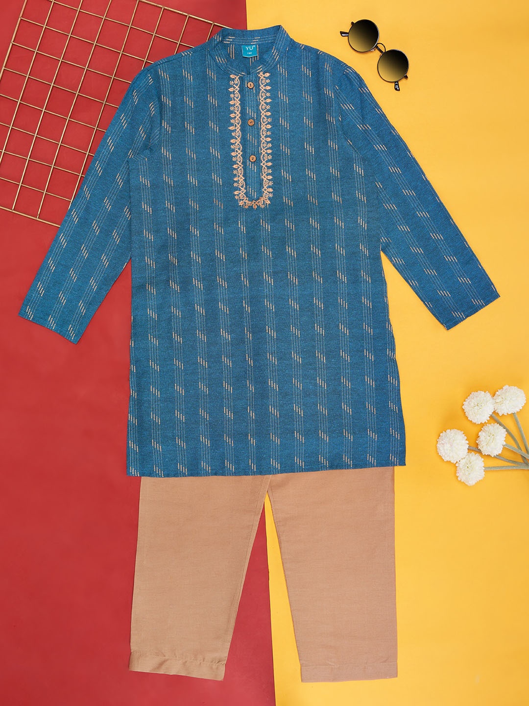 

YU by Pantaloons Boys Ethnic Motifs Printed Pure Cotton Straight Kurta With Pyjamas, Teal