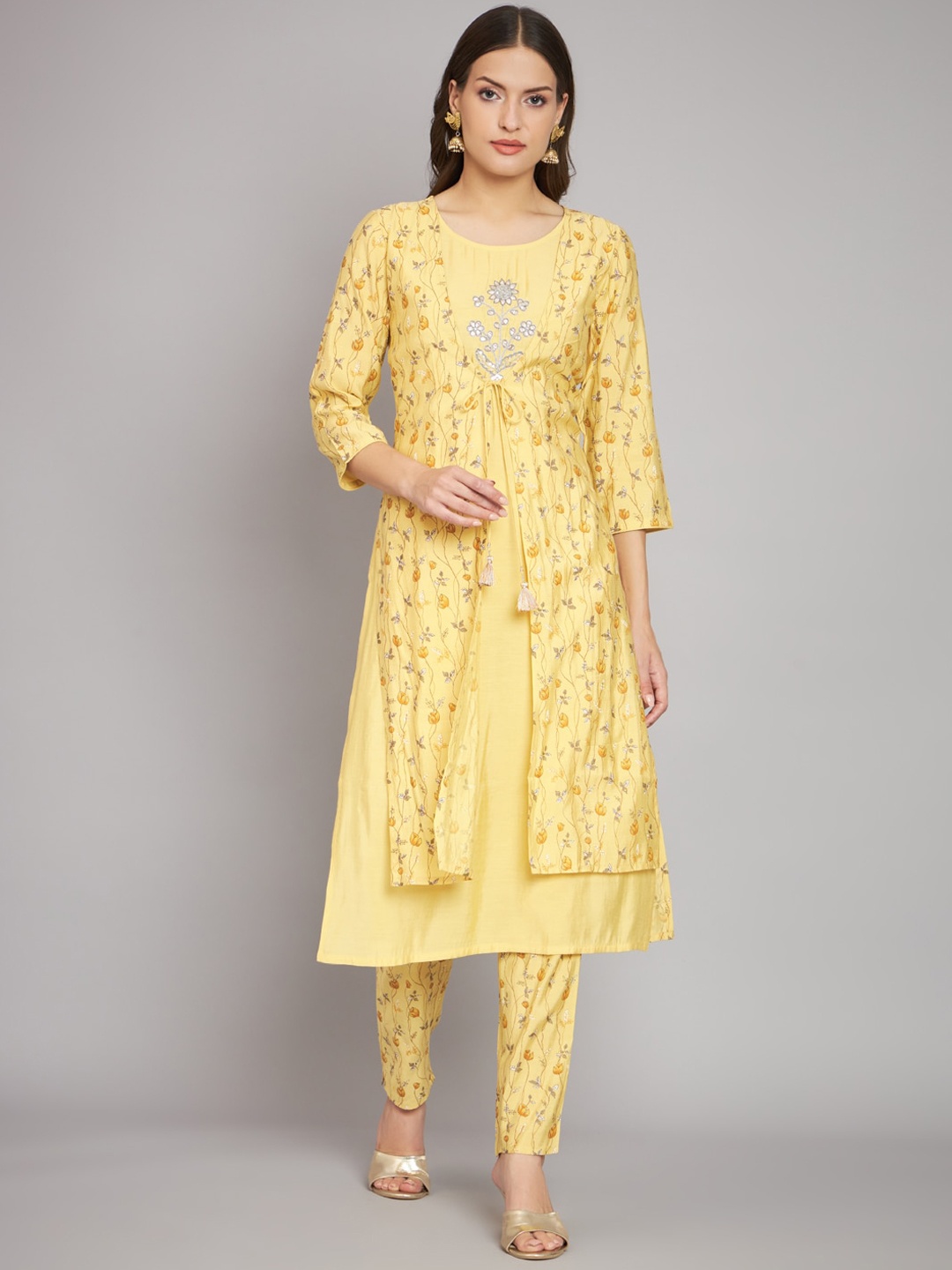 

RANGMAYEE Floral Printed Chanderi Cotton Thread Work Layered Kurta With Trousers, Yellow