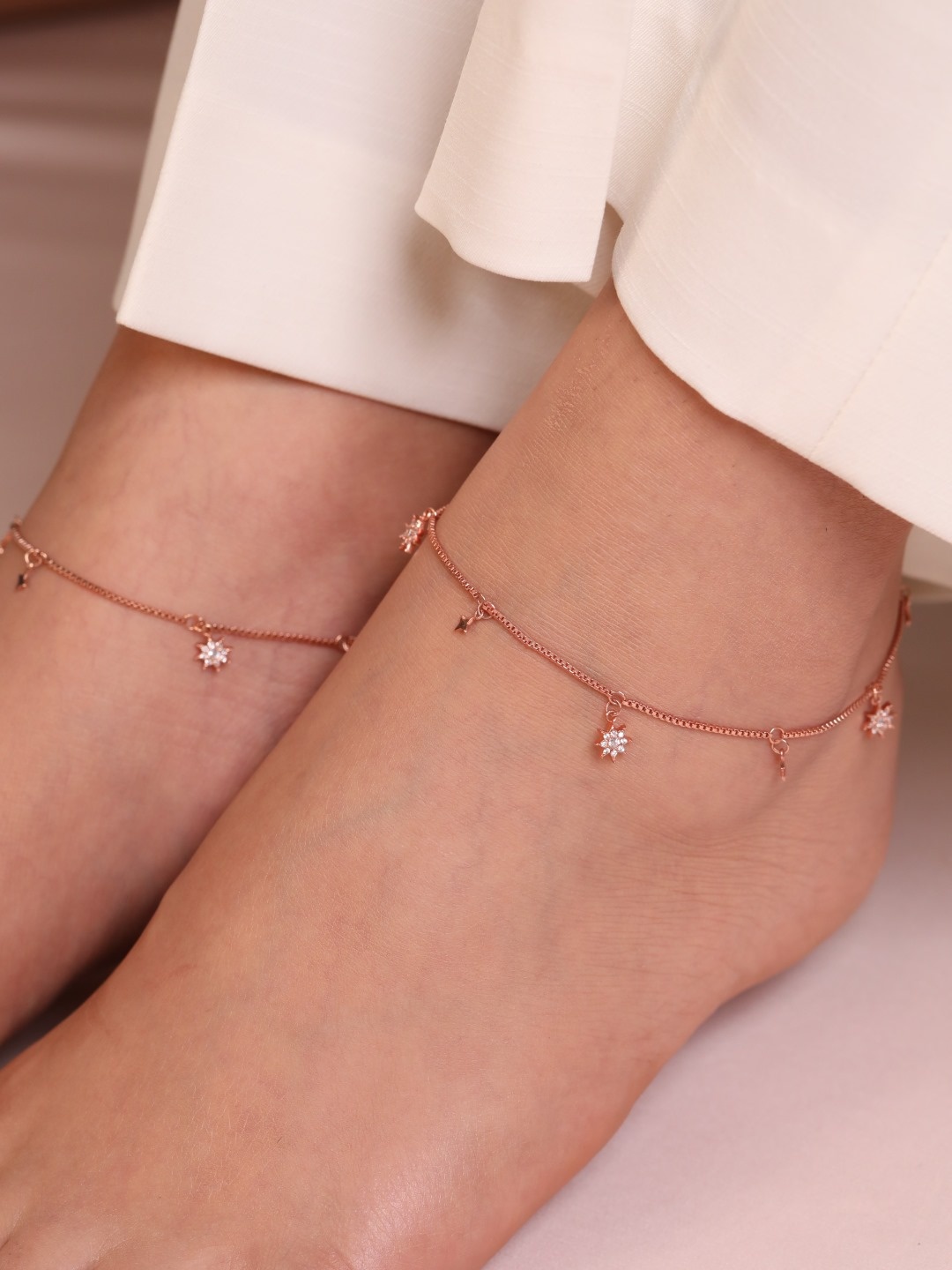 

Zavya Set Of 2 925 Sterling Silver Rose Gold-Plated Stone-Studded Star Charm Anklets