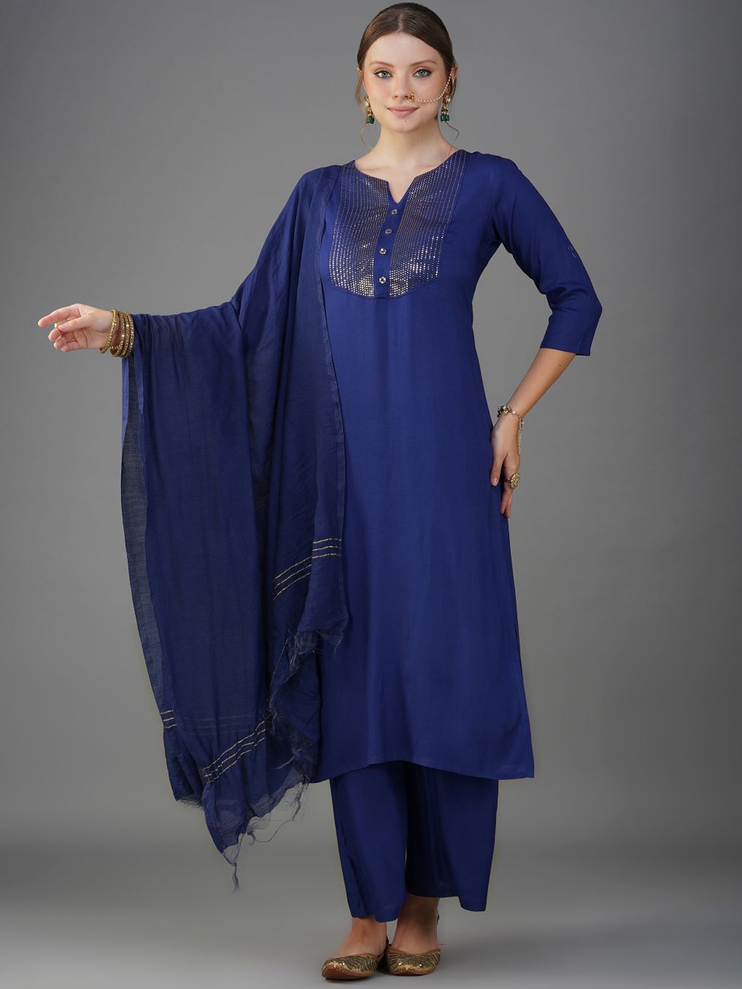 

METRO-FASHION Striped Yoke Design Beads and Stones Kurta With Trousers & Dupatta, Blue