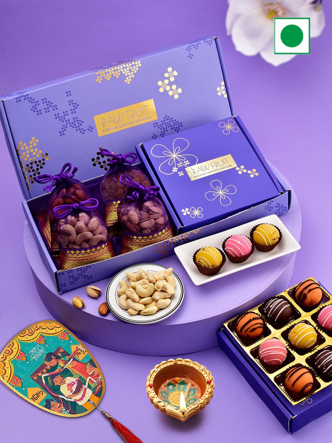 

RawFruit Diwali Gift Dryfruits with Marzipan Sweets, Purple
