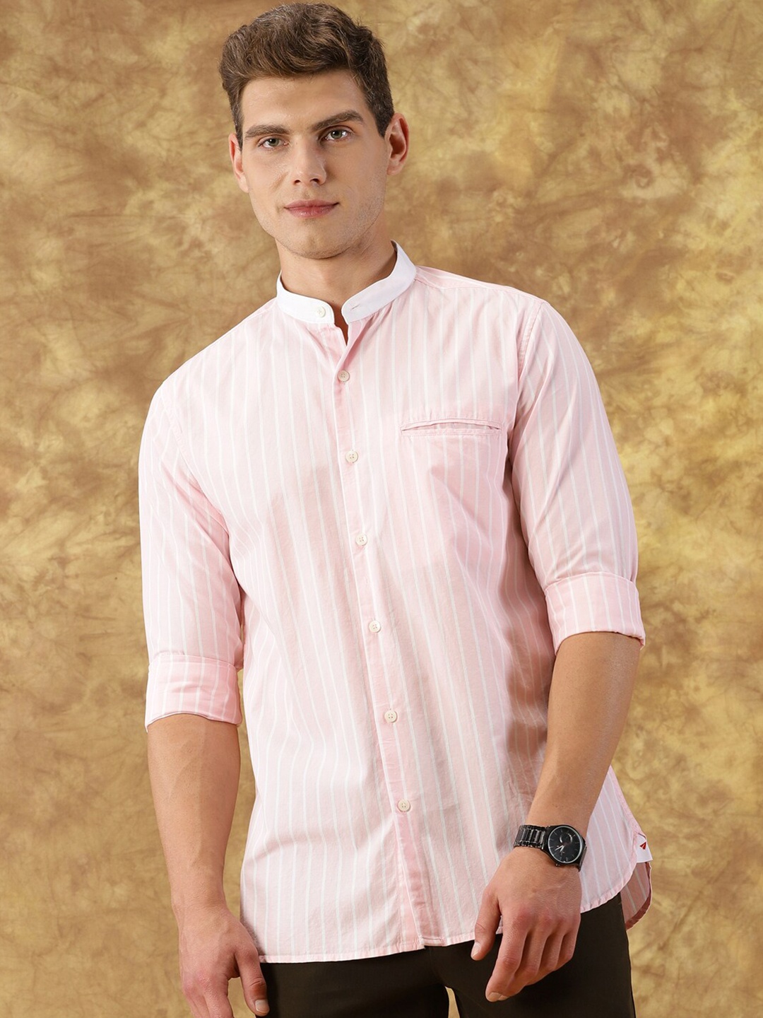 

INVICTUS Original Slim Fit Striped Band Collar Cotton Casual Shirt, Pink