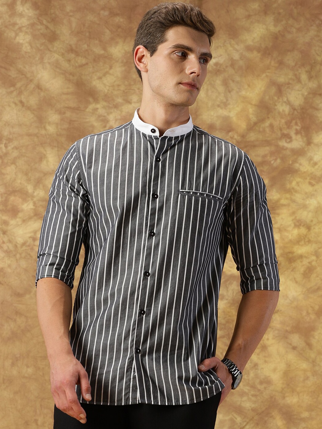 

INVICTUS Original Slim Fit Striped Band Collar Cotton Casual Shirt, Black