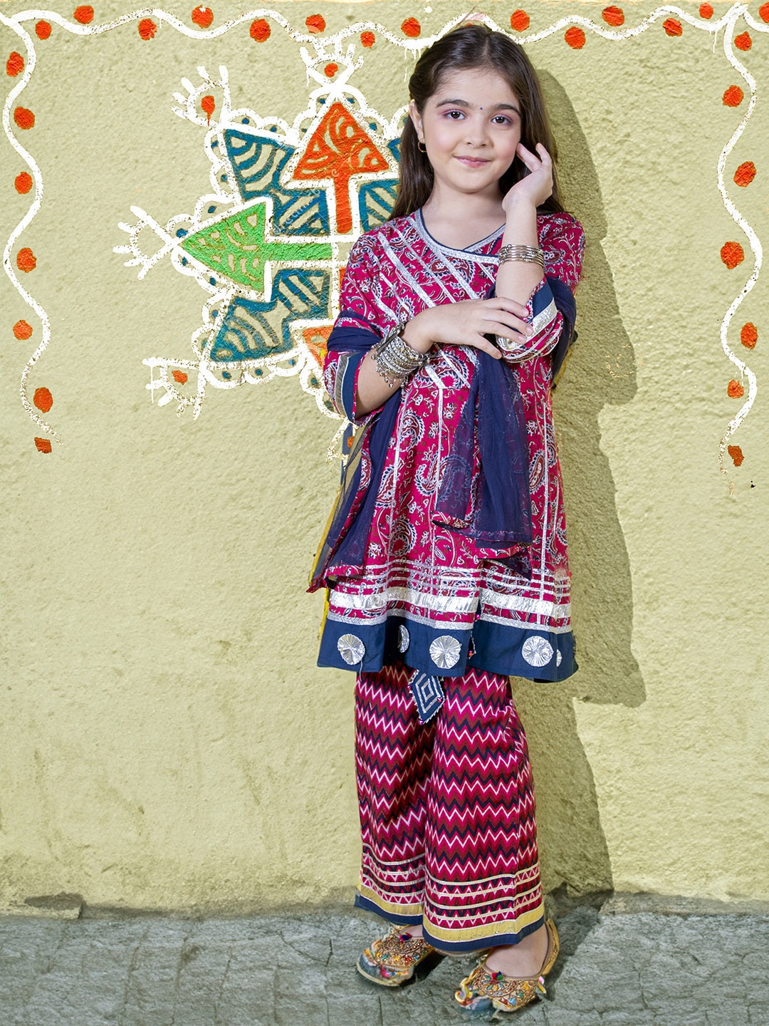 

Naughty Ninos Girls Ethnic Motifs Printed Angrakha Kurta With Palazzos & Dupatta, Fuchsia