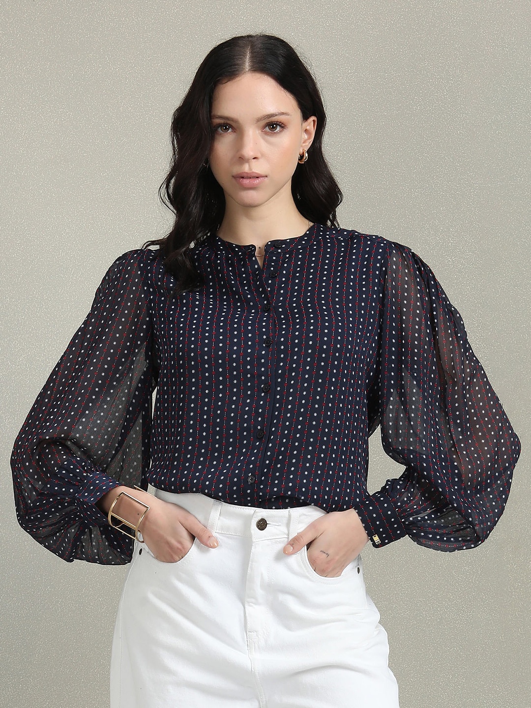 

U.S. Polo Assn. Women Floral Print Mandarin Collar Puff Sleeve Shirt Style Top, Navy blue
