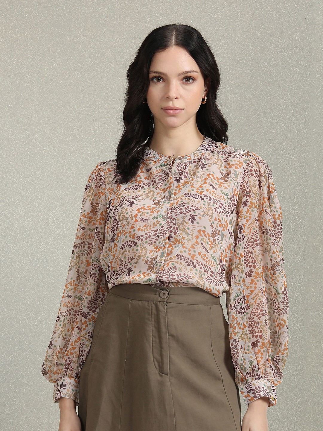 

U.S. Polo Assn. Women Floral Print Mandarin Collar Puff Sleeve Shirt Style Top, Off white