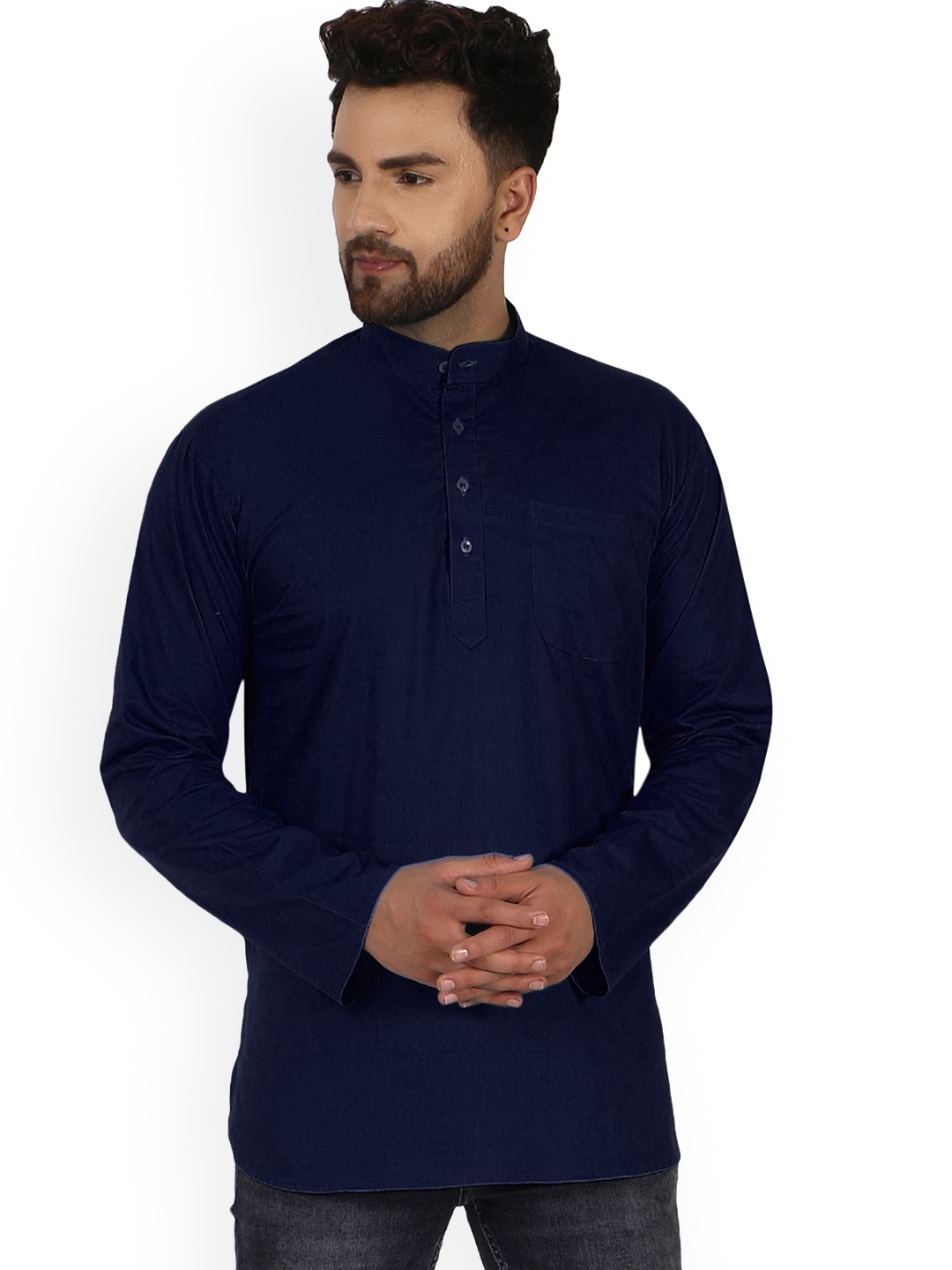 

Enciger Mandarin Collar Cotton Straight Kurta, Blue