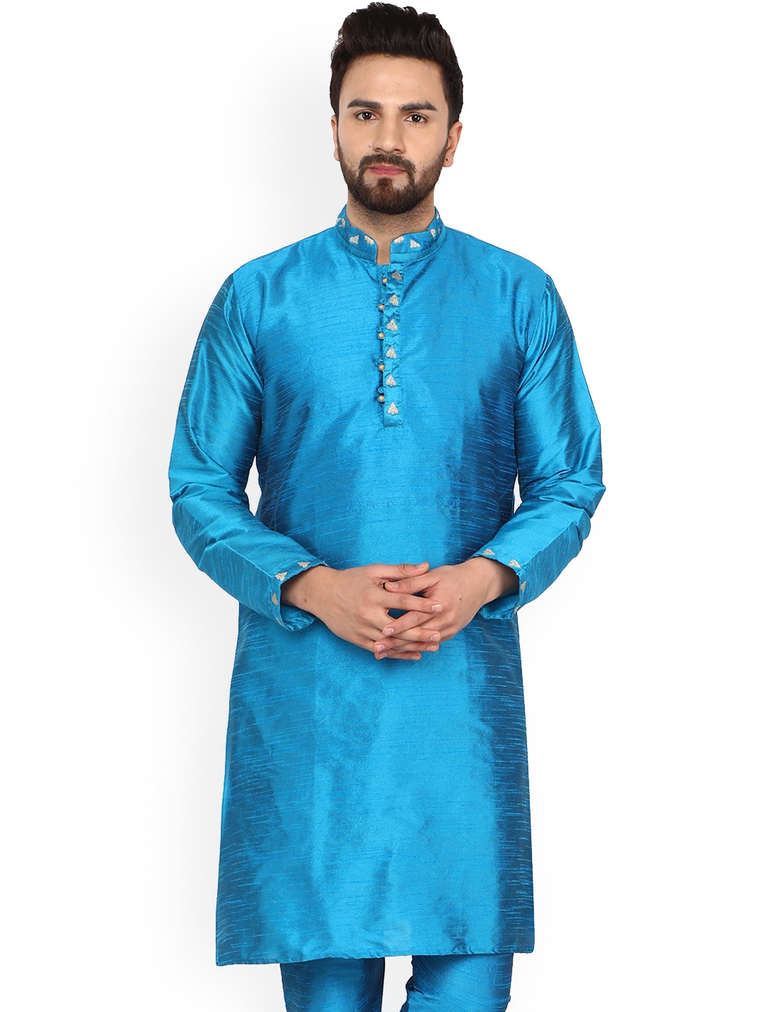 

Enciger Mandarin Collar Thread Work Regular Kurta, Turquoise blue