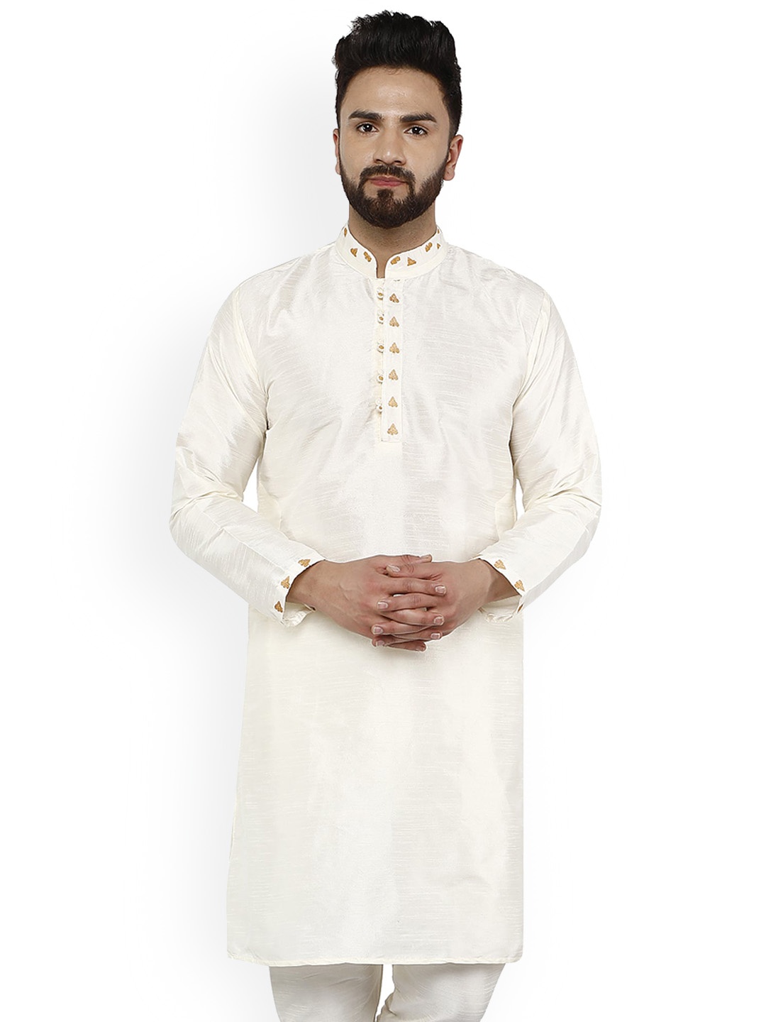 

Enciger Dupion Silk Mandarin Collar Thread Work Kurta, Off white