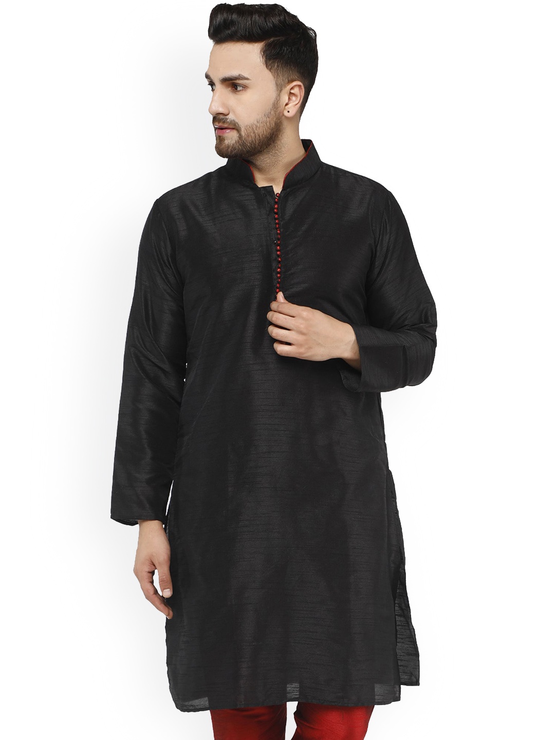 

Enciger Mandarin Collar Straight Dupion Silk Kurta, Black