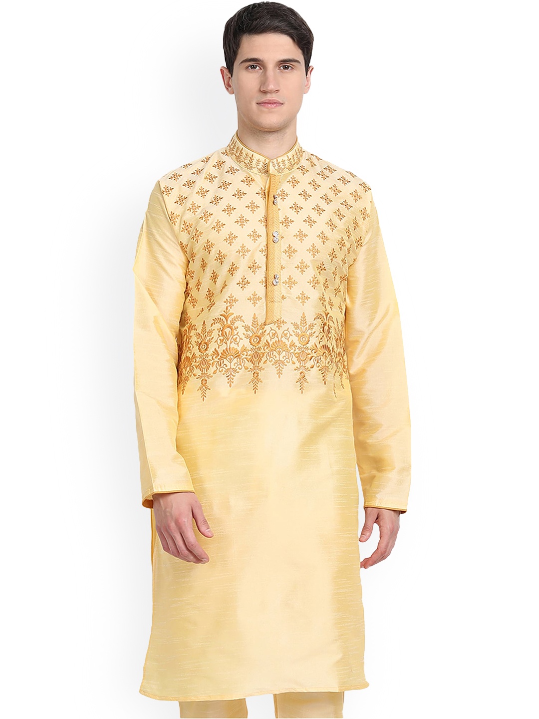 

Enciger Ethnic Motifs Embroidered Mandarin Collar Straight Kurta, Beige