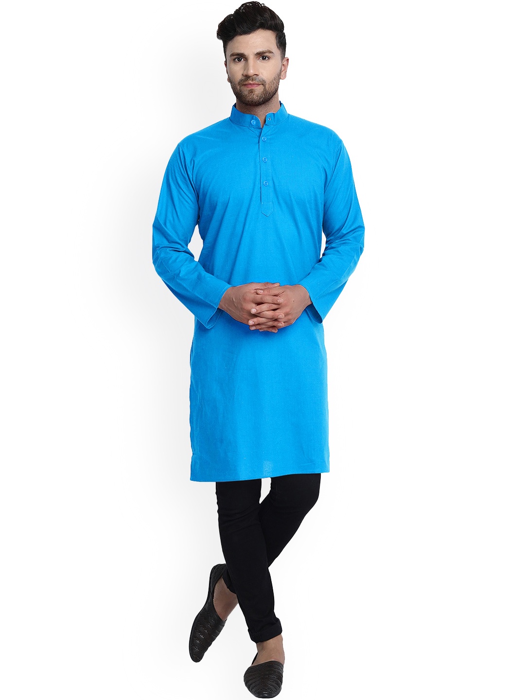 

Enciger Band Collar Long Sleeves Regular Cotton Kurta, Turquoise blue