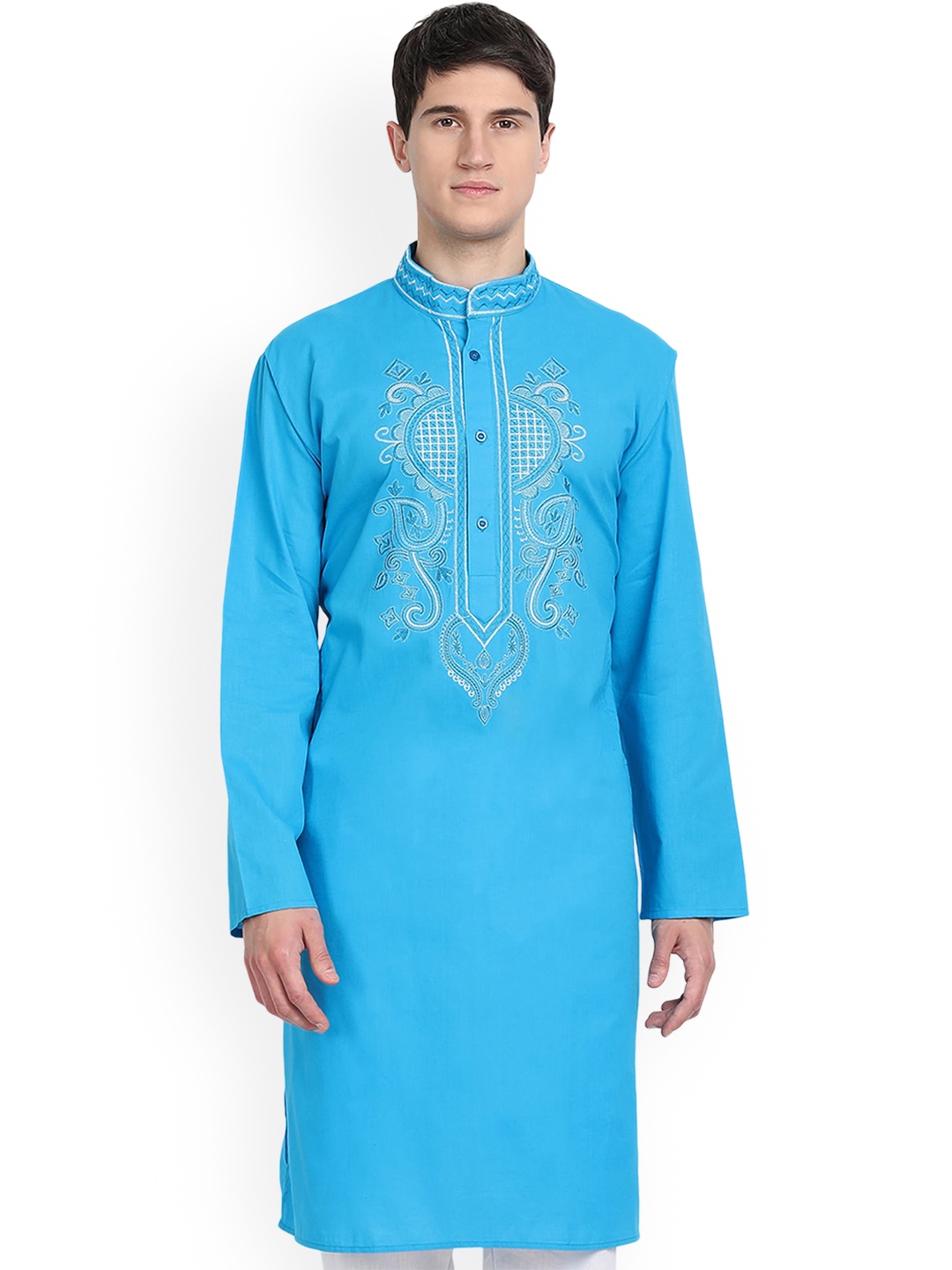

Enciger Ethnic Motifs Embroidered Mandarin Collar Dupion Silk Straight Kurta, Turquoise blue