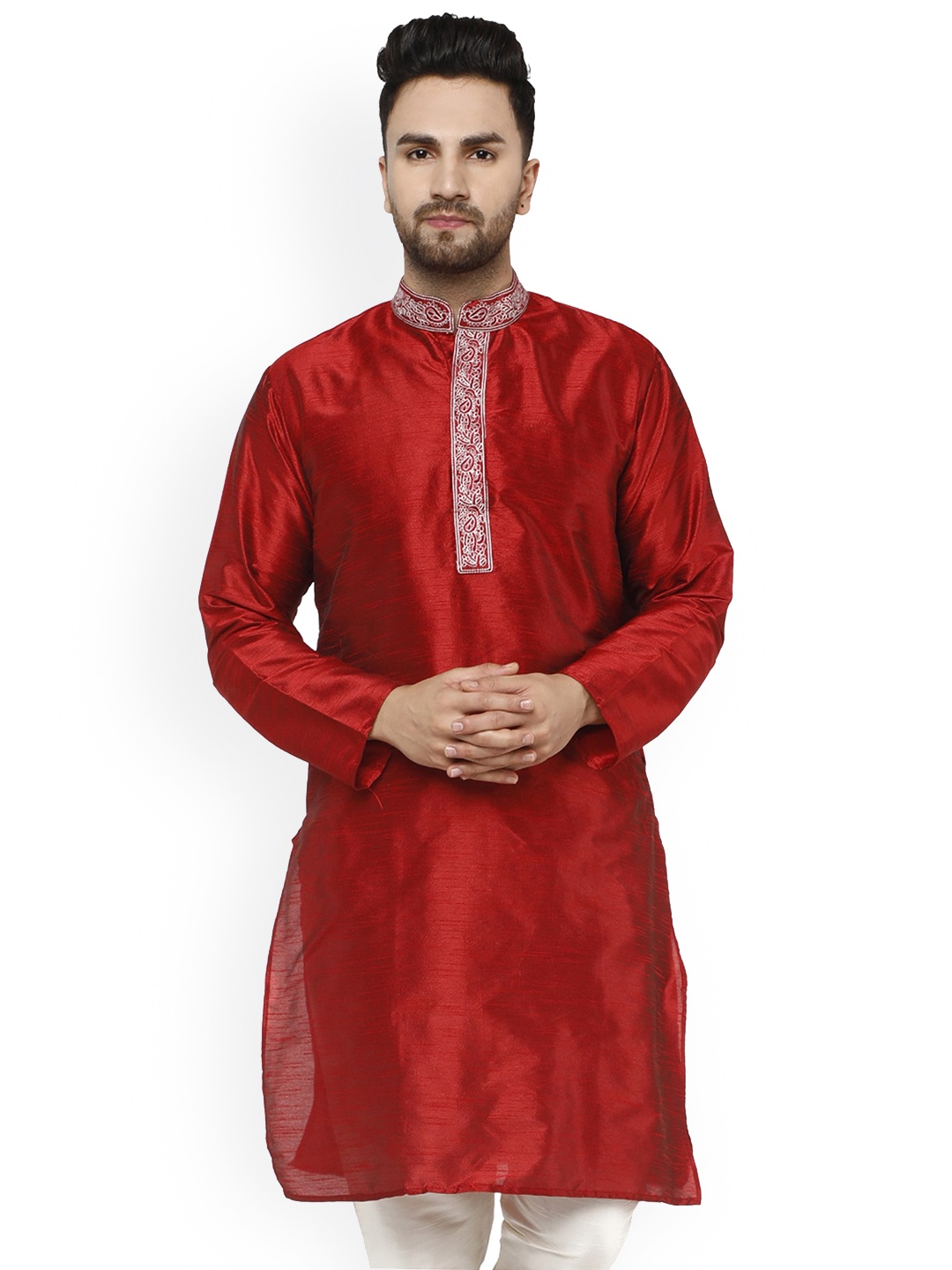 

Enciger Mandarin Collar Straight Dupion Silk Kurta, Red