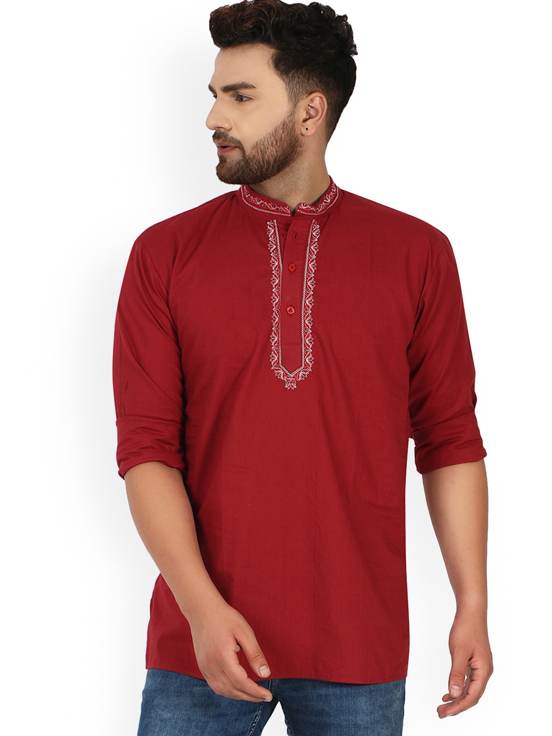 

Enciger Ethnic Motifs Yoke Design Thread Work Mandarin Collar Cotton Kurta, Red