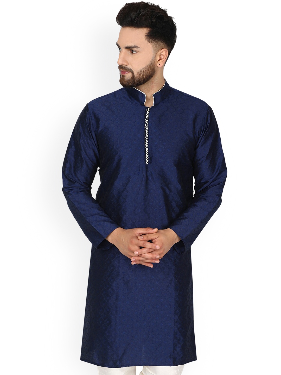 

Enciger Mandarin Collar Dupion Silk Straight Kurta, Navy blue