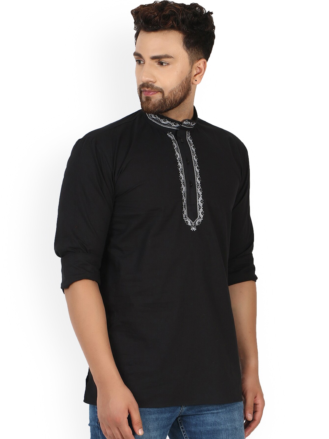 

Enciger Mandarin Collar Cotton Cotton Straight Kurta, Black