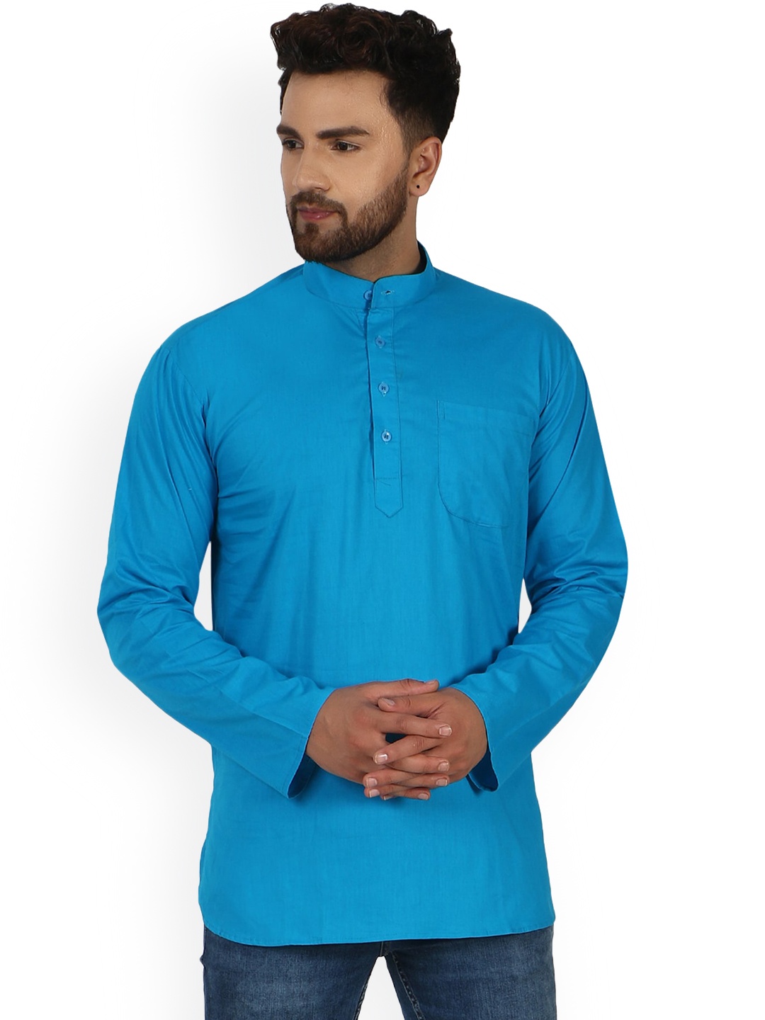 

Enciger Band Collar Cotton Straight Kurta, Turquoise blue