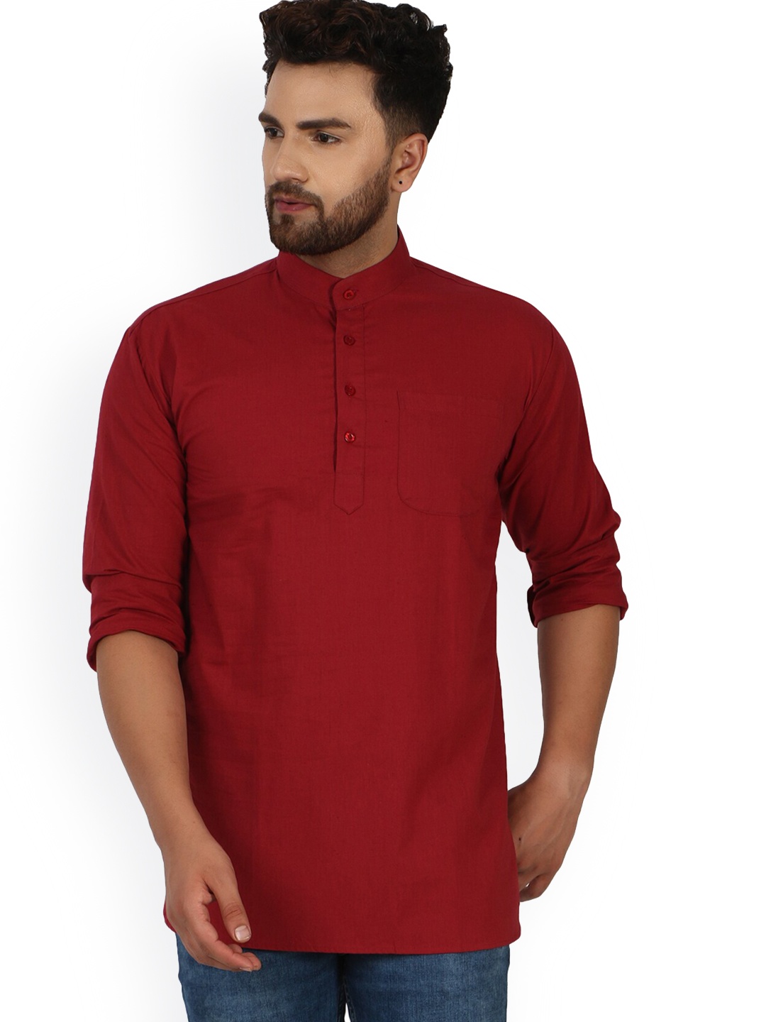 

Enciger Band Collar Long Sleeve Cotton Straight Kurta, Red