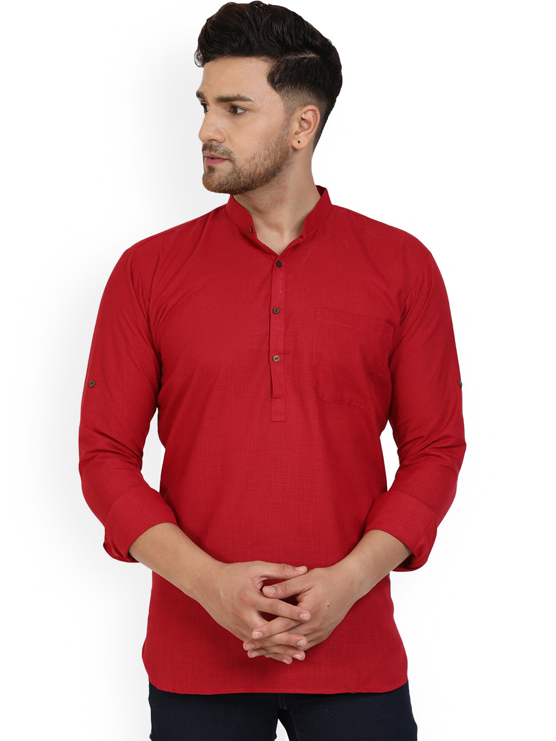 

Enciger Mandarin Collar Cotton Pathani Kurta, Red