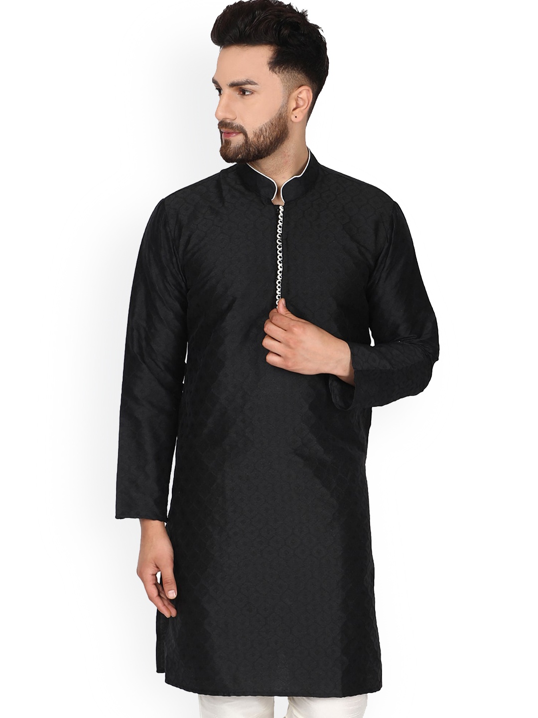 

Enciger Men Black Thread Work Handloom Pathani Kurta