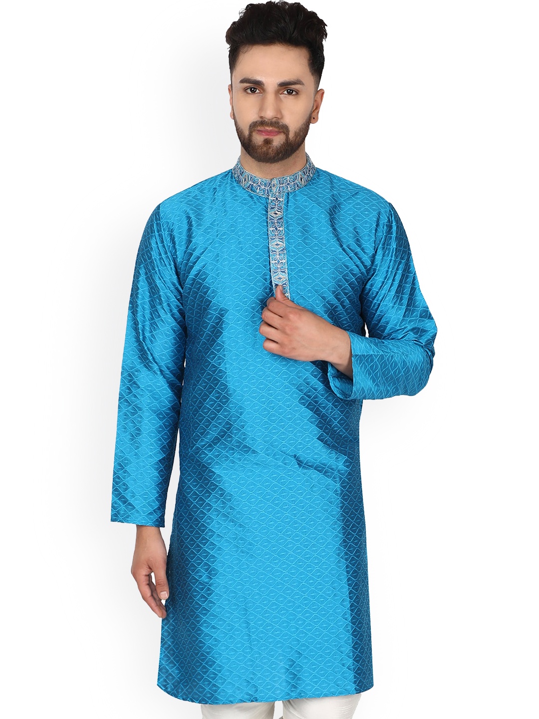 

Enciger Geometric Woven Design Mandarin Collar Pure Silk Kurta, Turquoise blue