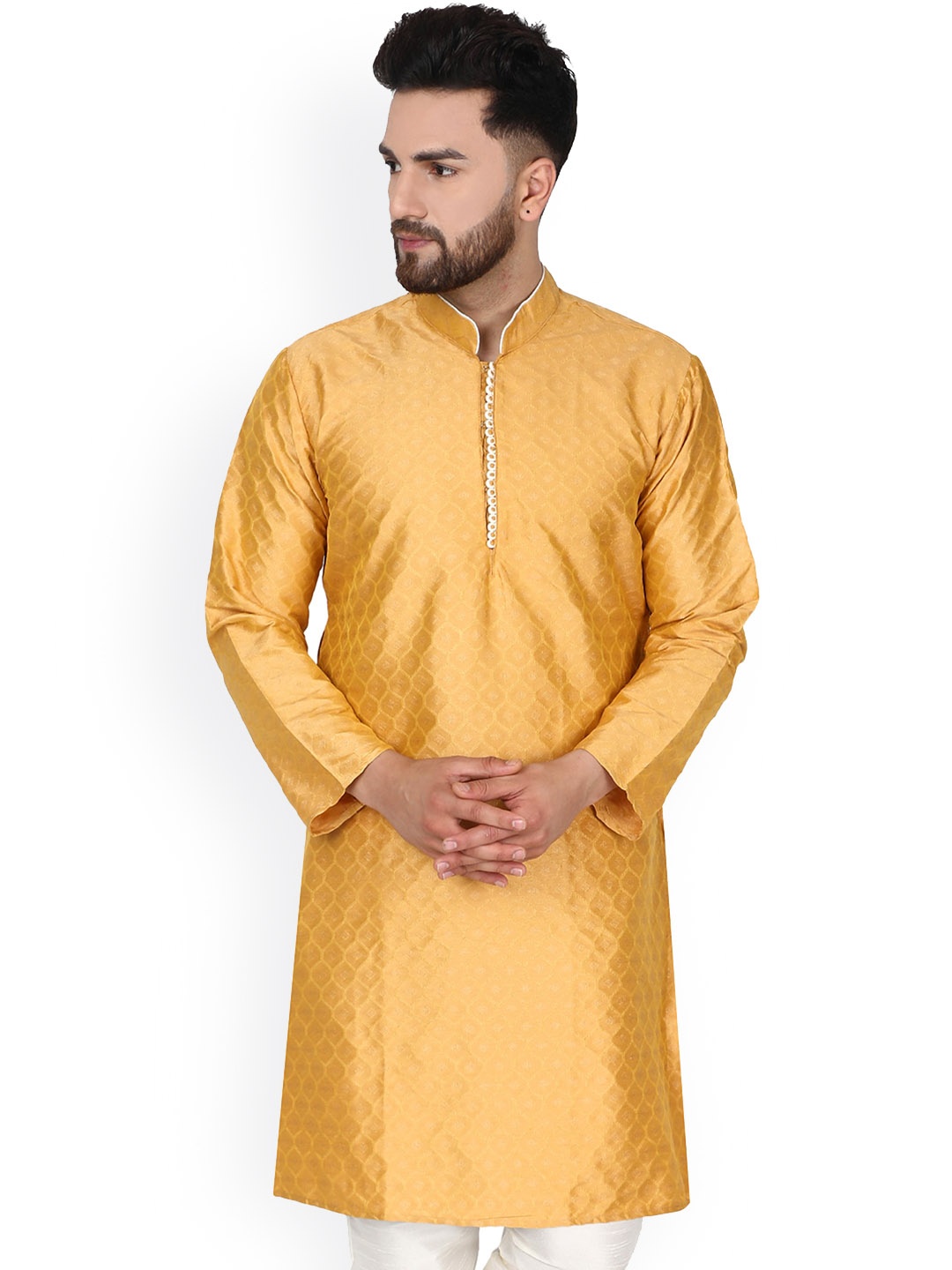 

Enciger Woven Design Mandarin Collar Thread Work Straight Kurta, Gold