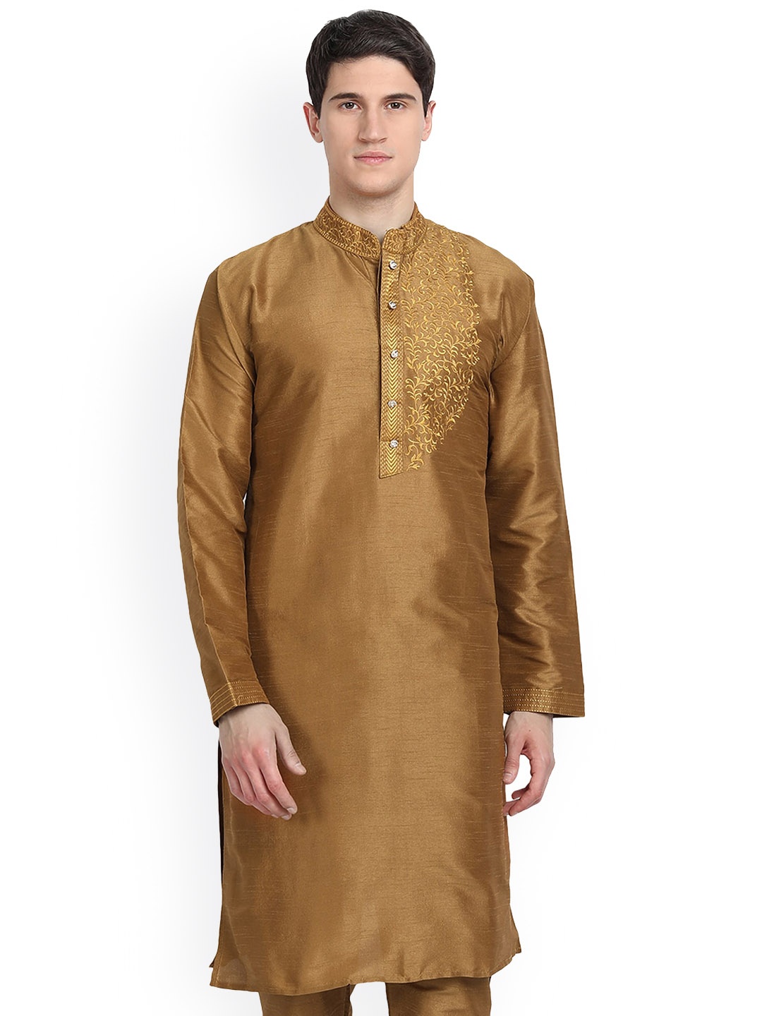 

Enciger Floral Embroidered Dupion Silk Straight Kurta, Brown
