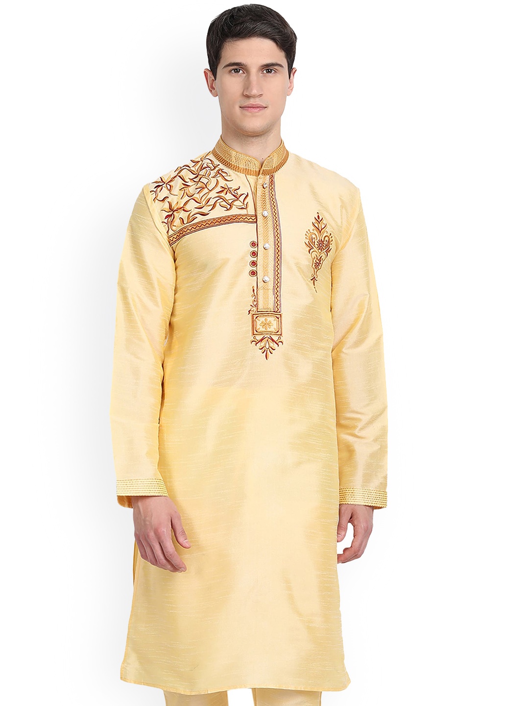 

Enciger Floral Embroidered Thread Work Dupion Silk Kurta, Beige
