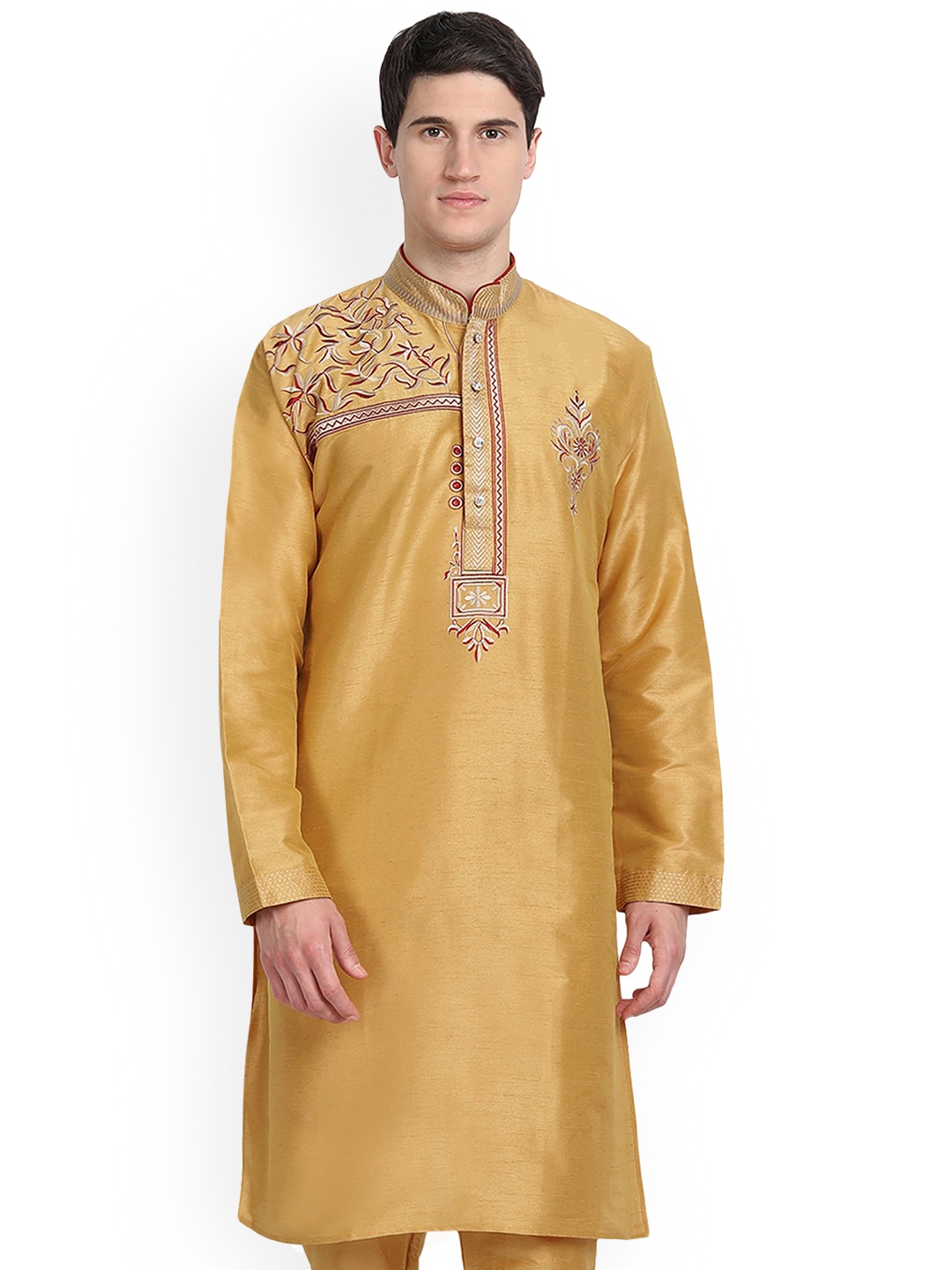 

Enciger Floral Embroidered Mandarin Collar Dupion Silk Straight Kurta, Gold