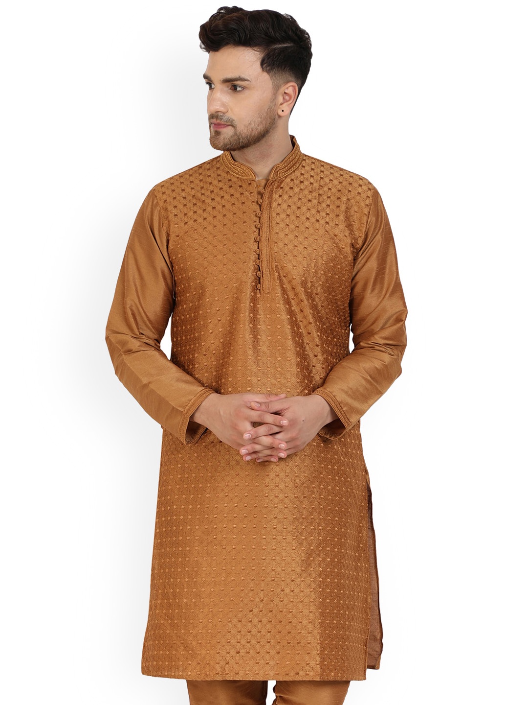 

Enciger Woven Design Mandarin Collar Thread Work Straight Kurta, Brown