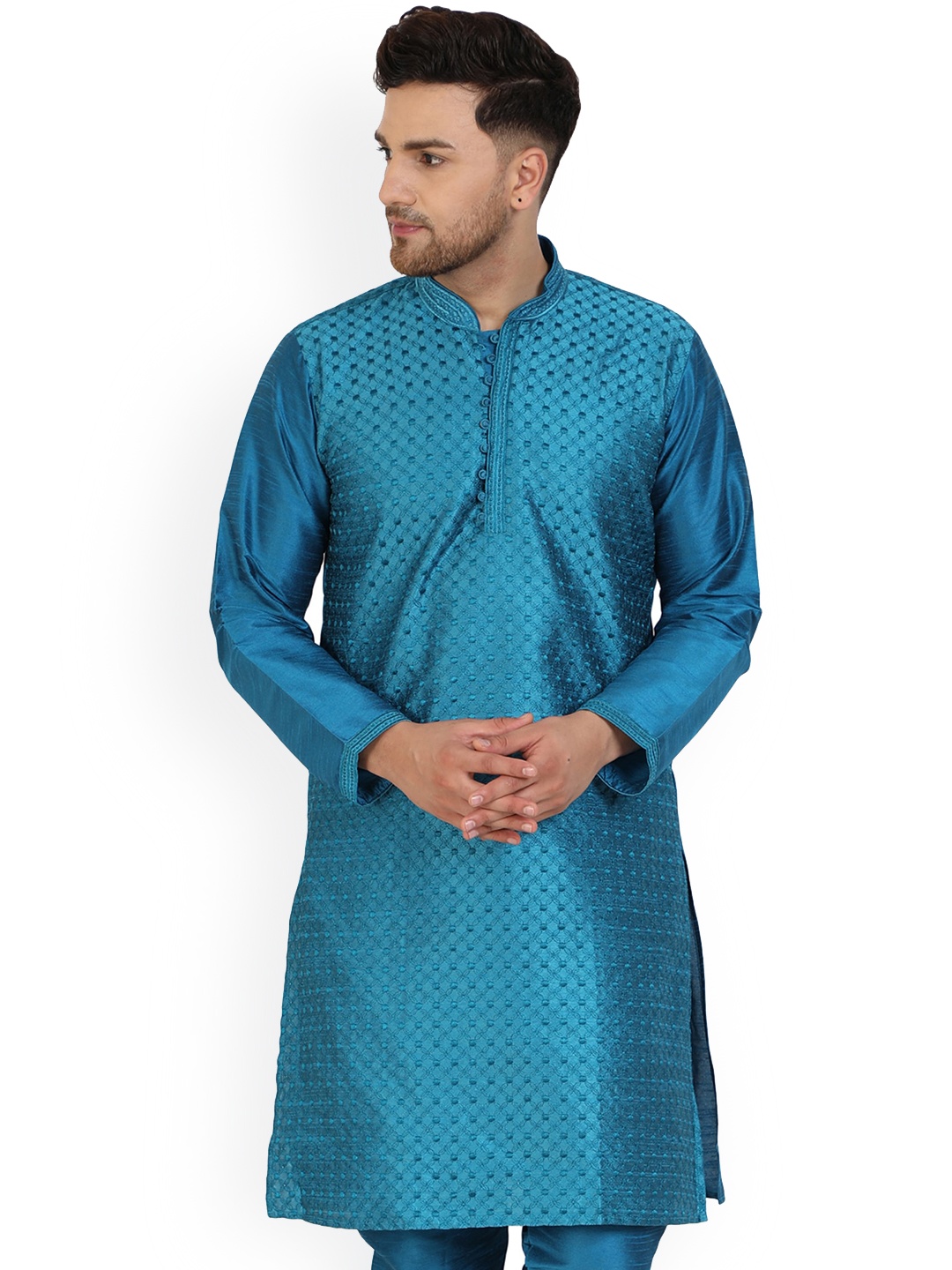 

Enciger Woven Design Mandarin Collar Thread Work Straight Kurta, Turquoise blue