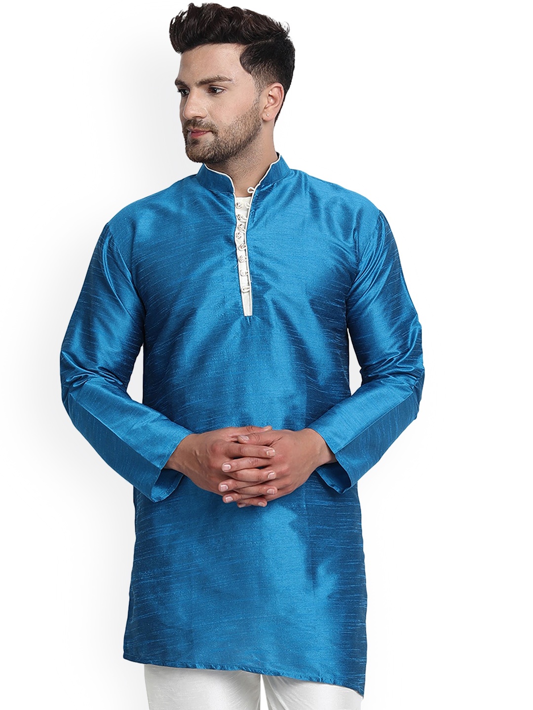 

Enciger Mandarin Collar Dupion Silk Straight Kurta, Turquoise blue