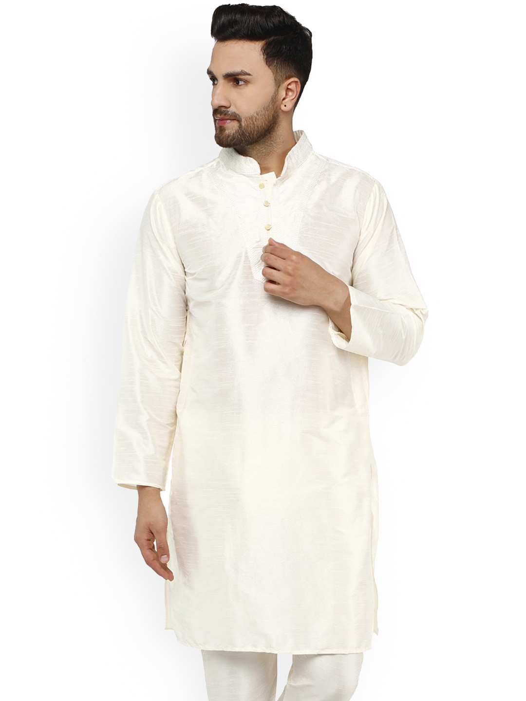 

Enciger Mandarin Collar Thread Work White Romance Straight Kurta, Off white