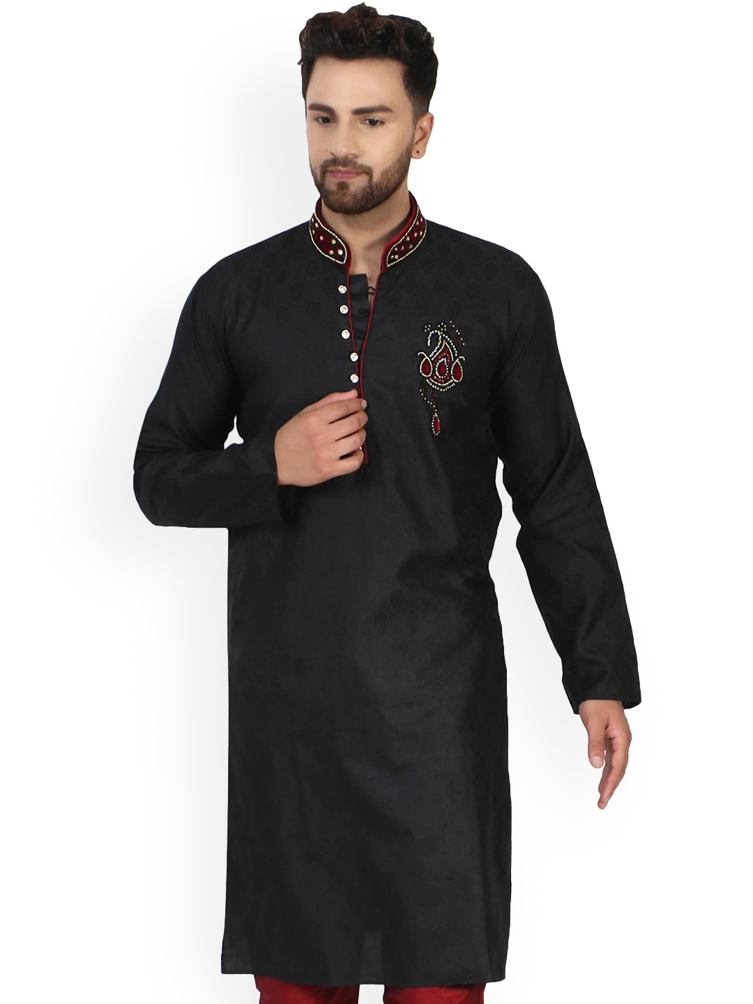 

Enciger Mandarin Collar Long Sleeve Beads & Stones Jacquard Straight Kurta, Black