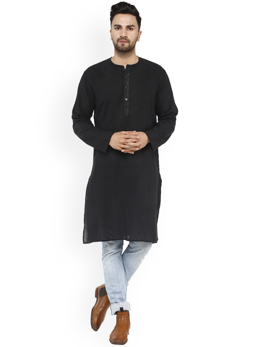 

Enciger Round Neck Long Sleeve Cotton Straight Kurta, Black