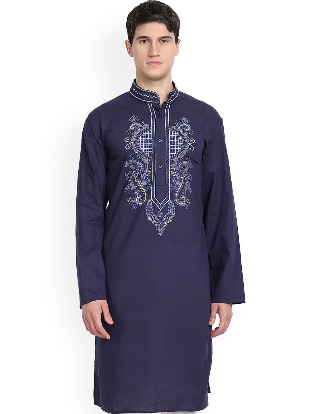 

Enciger Ethnic Motifs Yoke Design Mandarin Collar Thread Work Straight Kurta, Blue