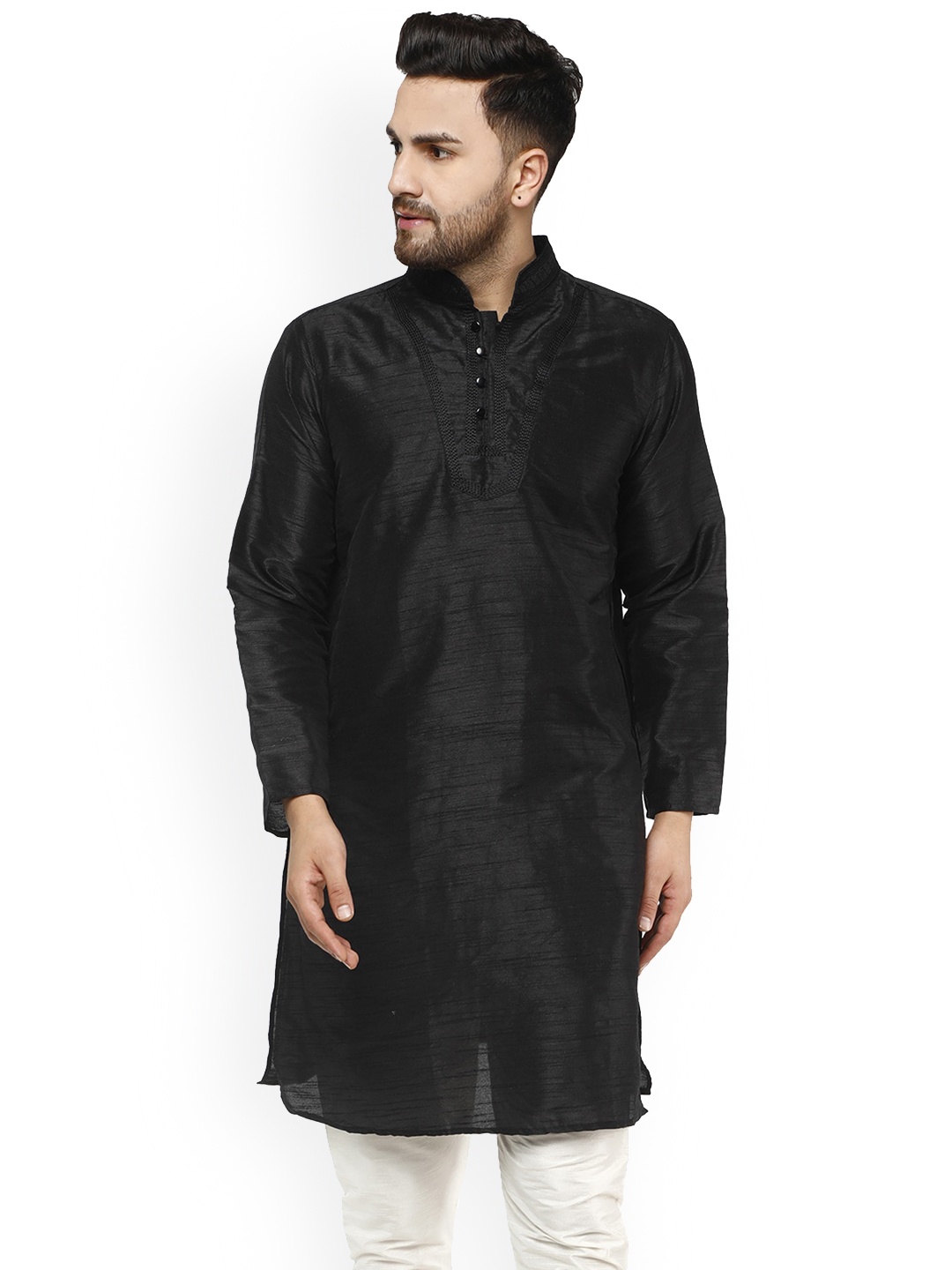 

Enciger Mandarin Collar Long Sleeve Thread Work Straight Kurta, Black