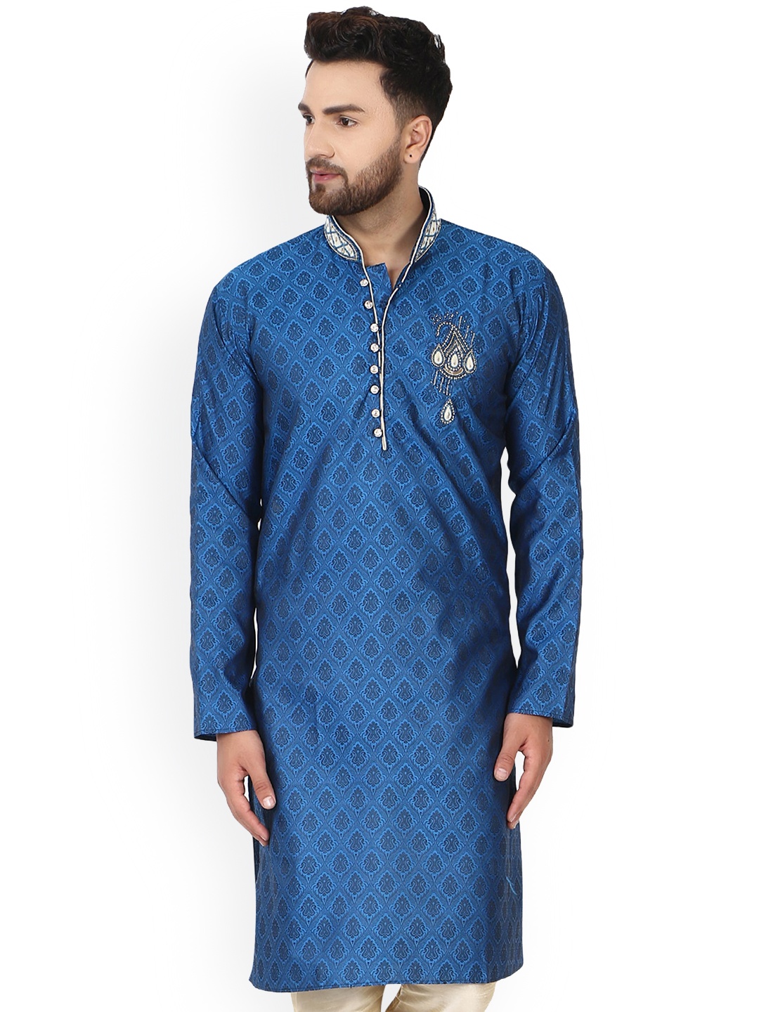 

Enciger Woven Design Mandarin Collar Beads & Stones Jacquard Straight Kurta, Blue