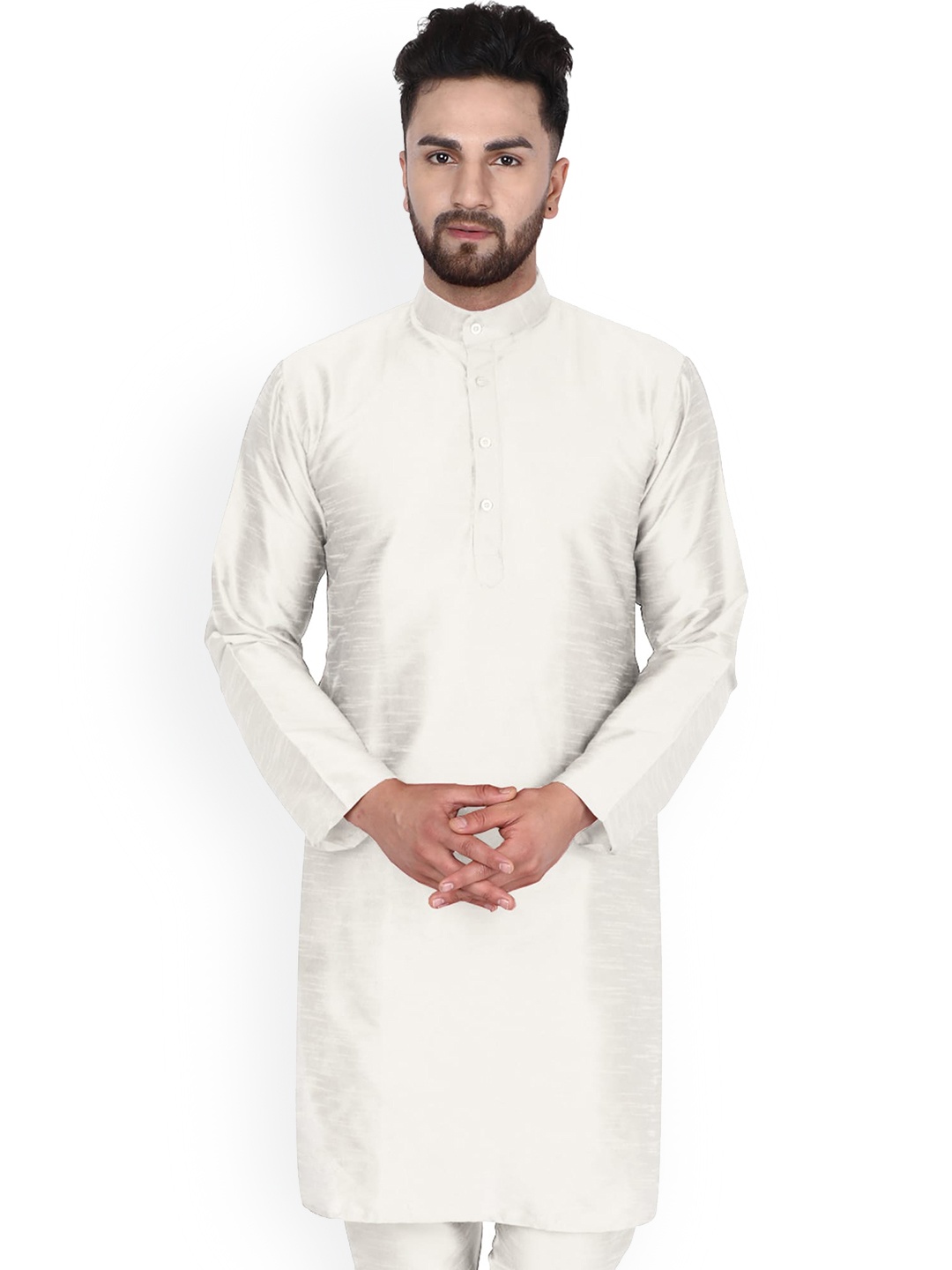 

Enciger Band Collar Straight Dupion Silk Kurta, Off white