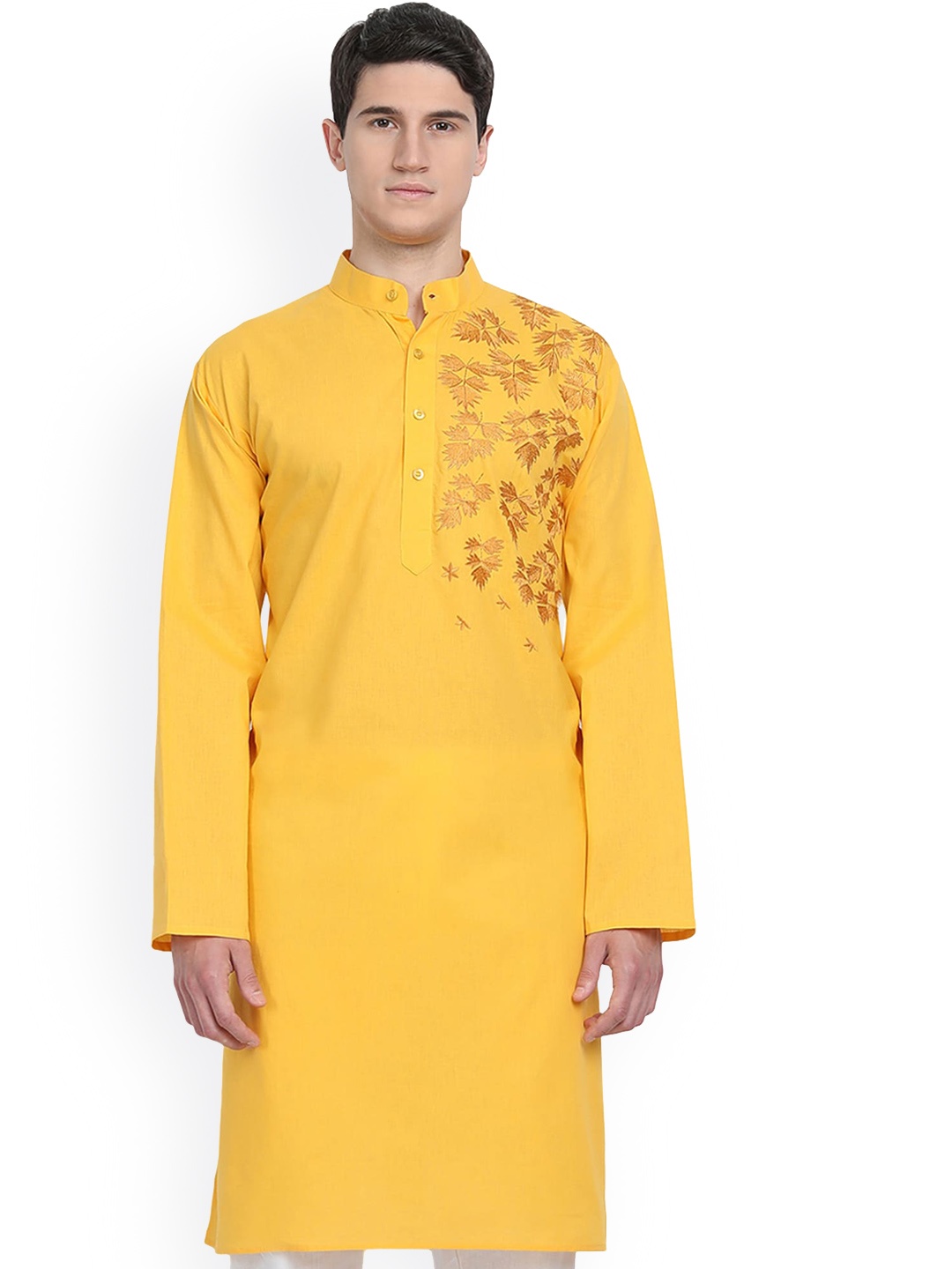 

Enciger Floral Embroidered Band Collar Dupion Silk Straight Kurta, Gold
