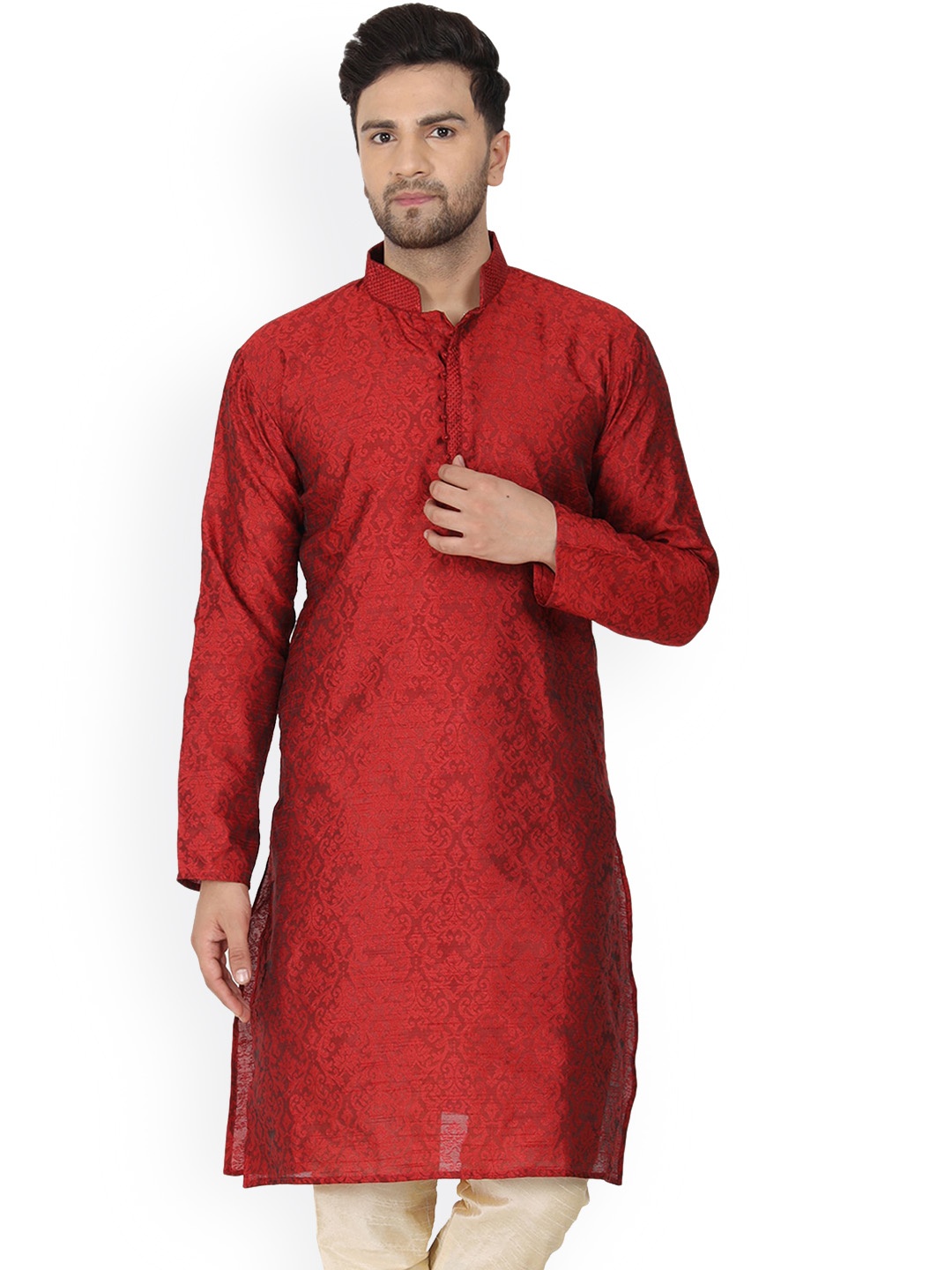 

Enciger Ethnic Motifs Woven Design Jacquard Straight Kurta, Red