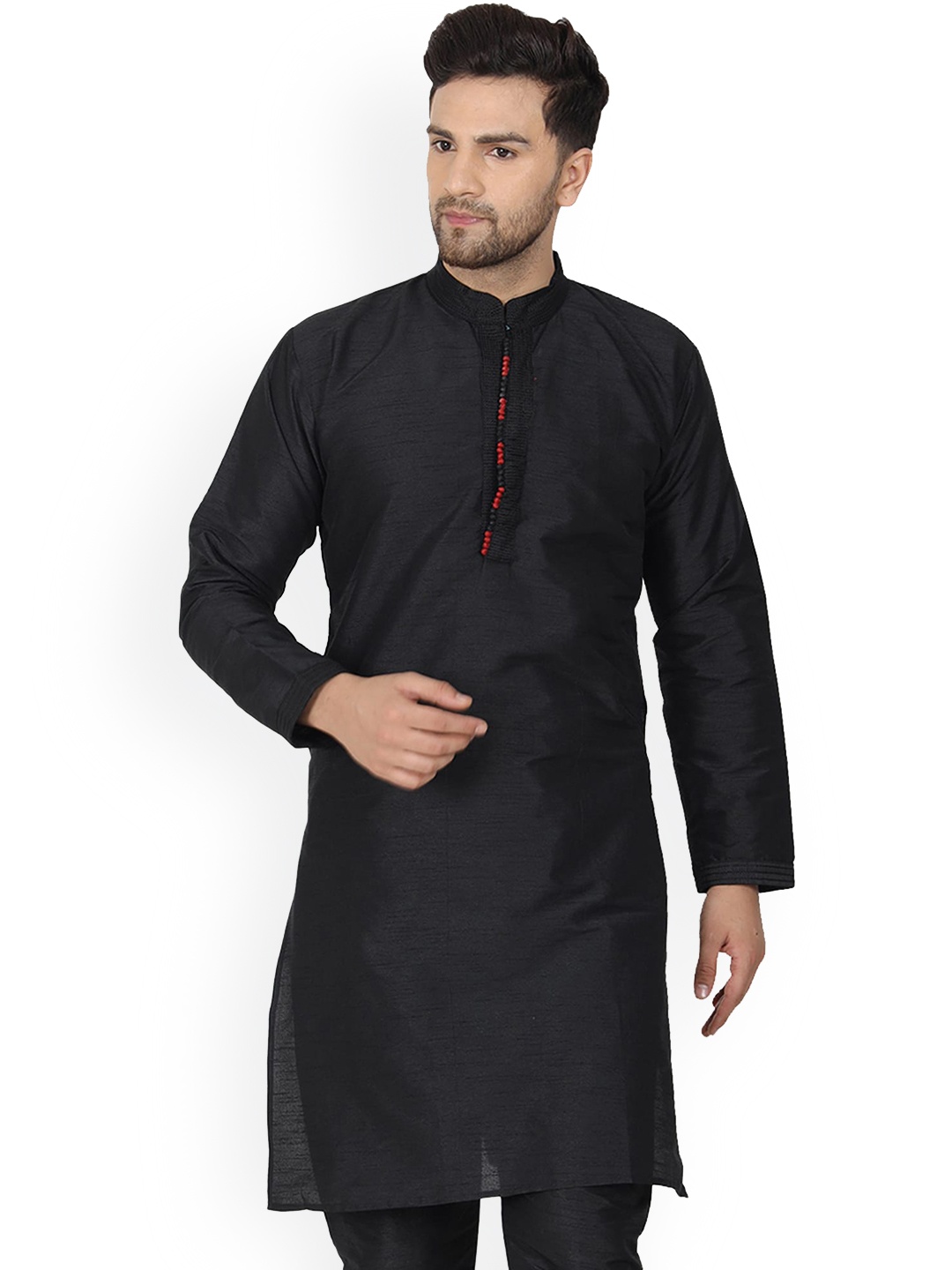 

Enciger Mandarin Collar Dupion Silk Straight Kurta, Black