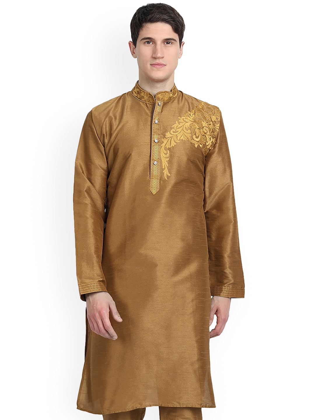 

Enciger Ethnic Motifs Embroidered Band Collar Dupion Silk Kurta, Brown
