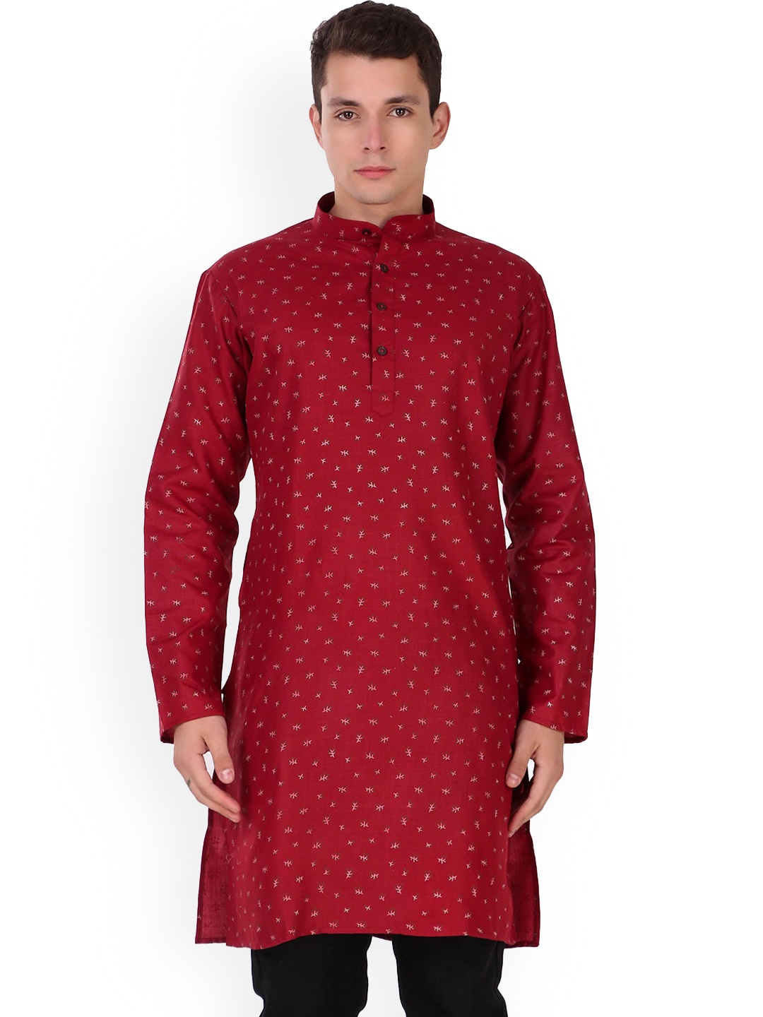 

Enciger Geometric Printed Cotton Mandarin Collar Straight Kurta, Red